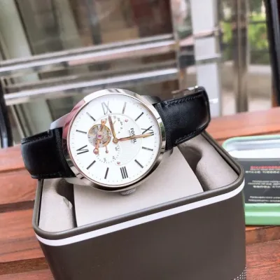 Fossil Townsman Automatic White Dial Black Leather Strap Watch for Men